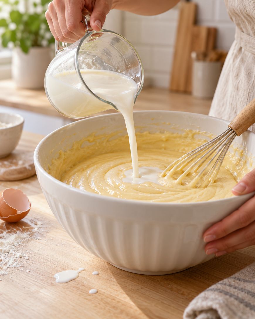 A person pours milk from a glass measuring cup into a mixing bowl with batter while holding a whisk. Eggs, flour, and milk are on a wooden kitchen counter.