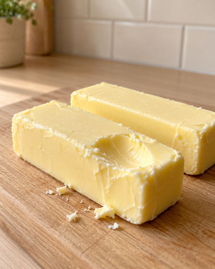 Two sticks of butter sit on a wooden cutting board; one has a noticeable bite taken out of the end. White subway tiles and a plant in a beige pot are visible in the background.