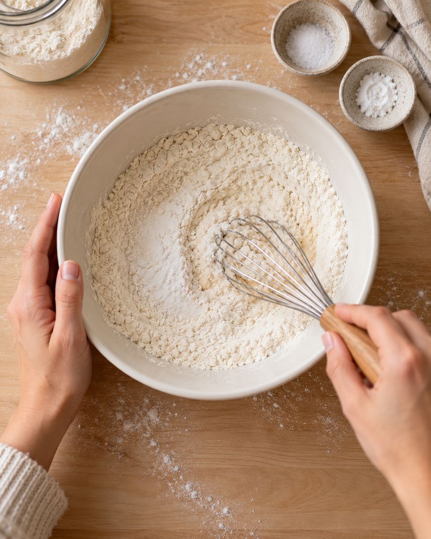 A person whisks flour in a white bowl on a wooden surface, with small bowls of salt and flour nearby.