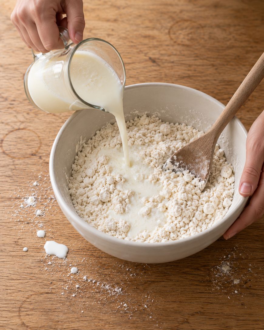 Milk being poured from a glass pitcher into a bowl of dry baking ingredients with a wooden spoon.