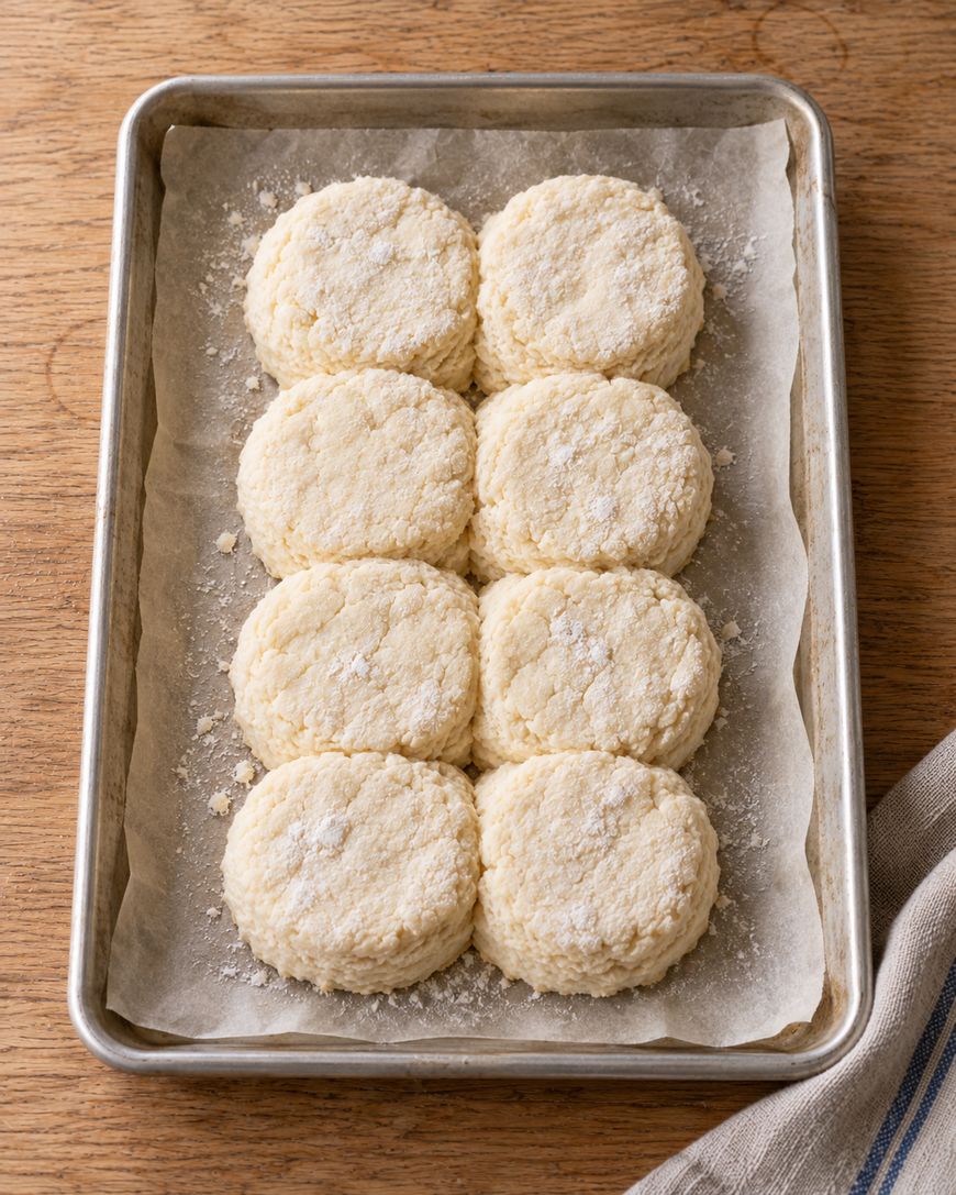Eight raw, round biscuits arranged in two rows on a parchment-lined baking sheet.