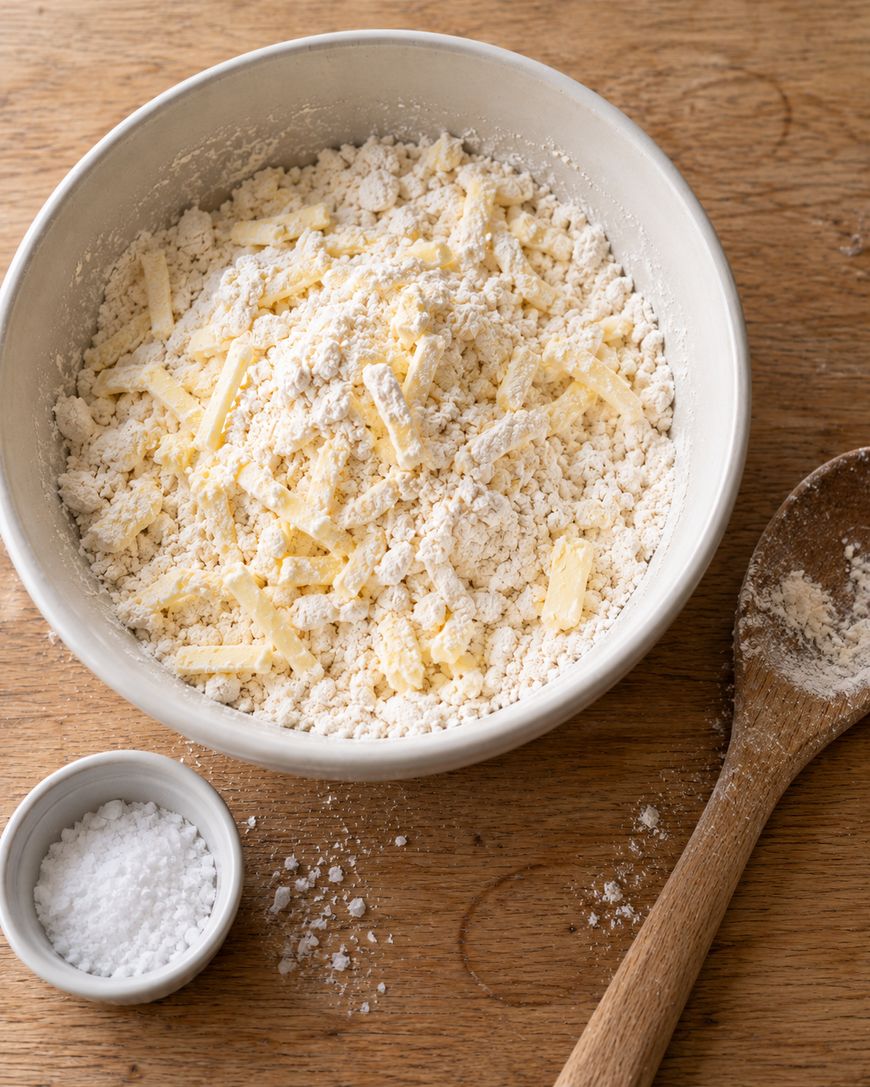 A bowl filled with a mixture of flour and small strips of cold butter, with a small ramekin of salt and a wooden spoon nearby.