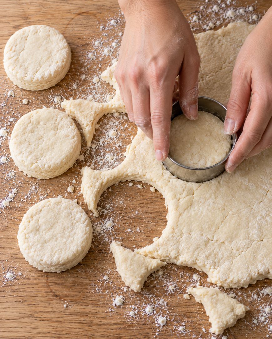 Hands using a circular cutter to shape biscuits from rolled dough on a wooden surface.