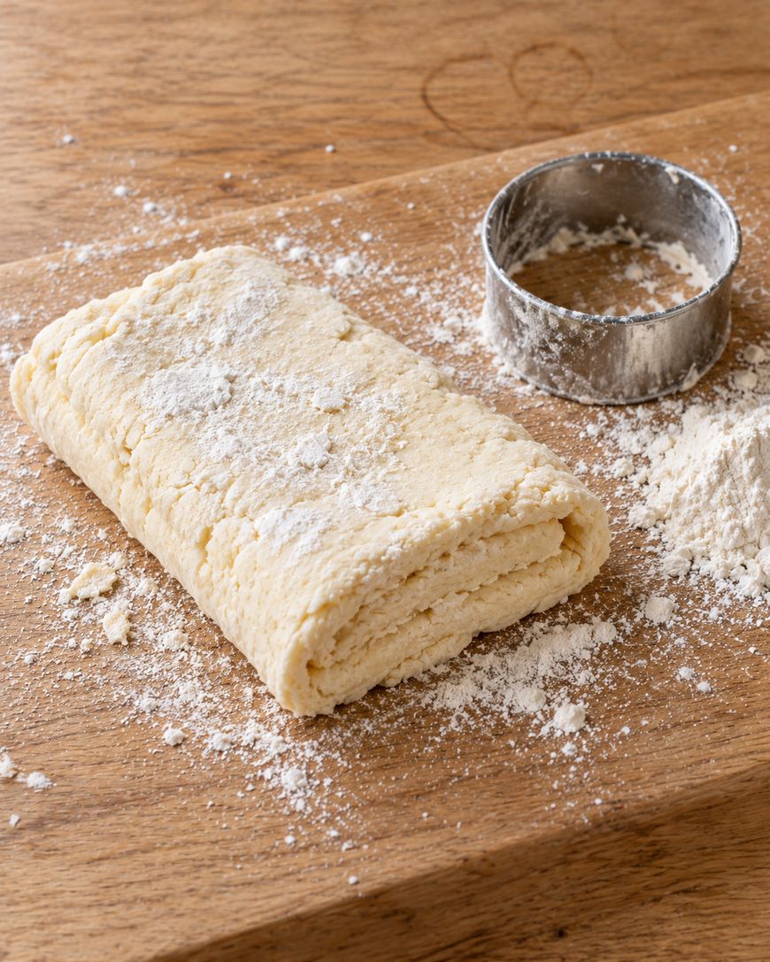 A folded piece of raw dough on a floured wooden cutting board next to a metal biscuit cutter.
