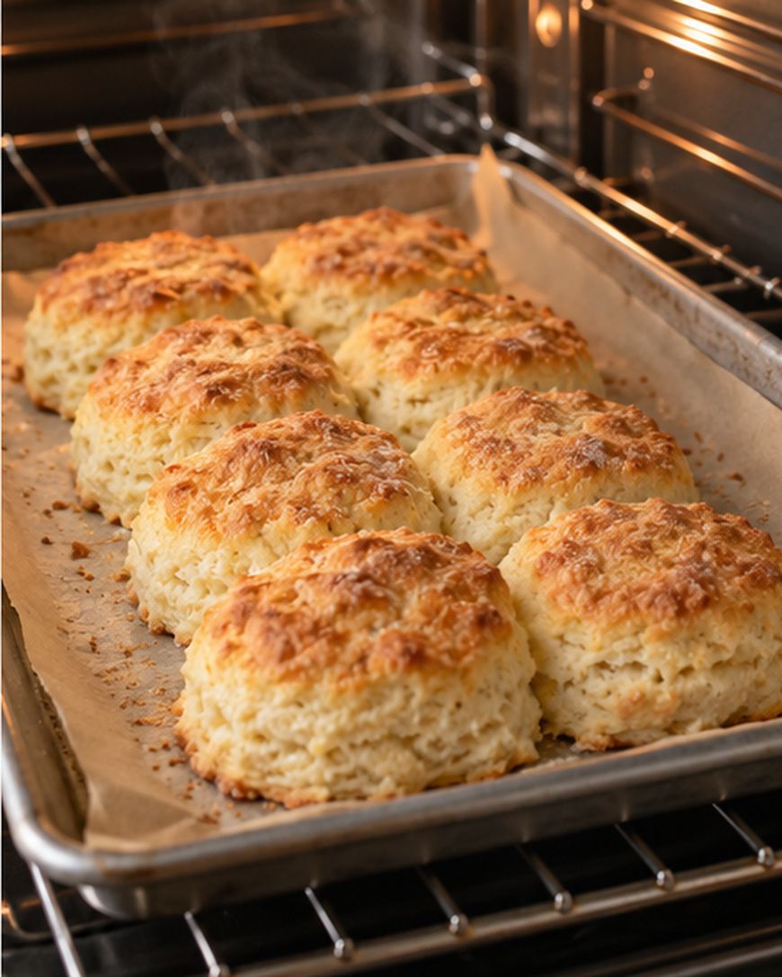 Eight golden-brown biscuits baking on a parchment-lined sheet pan inside an oven.