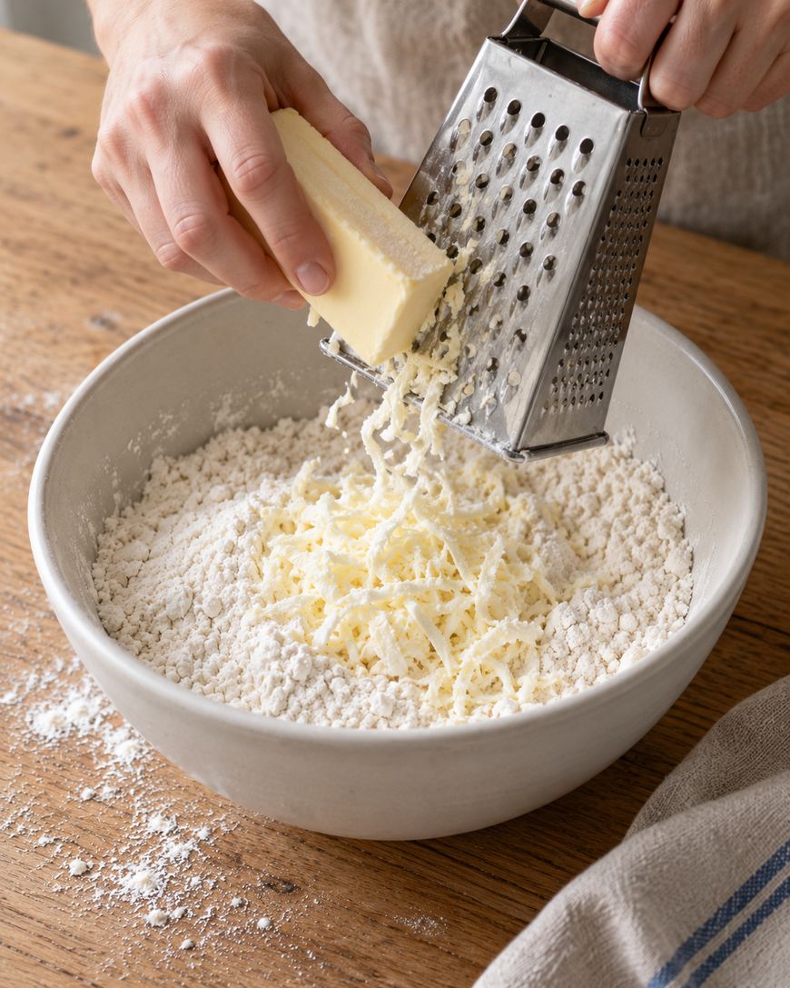 Hands grating a block of cold butter into a bowl of flour.