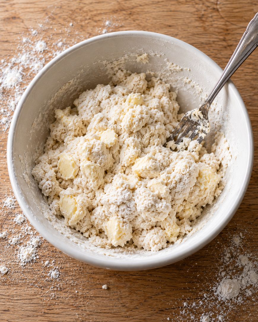 A white bowl filled with a shaggy flour and butter dough mixture, with a fork resting inside.