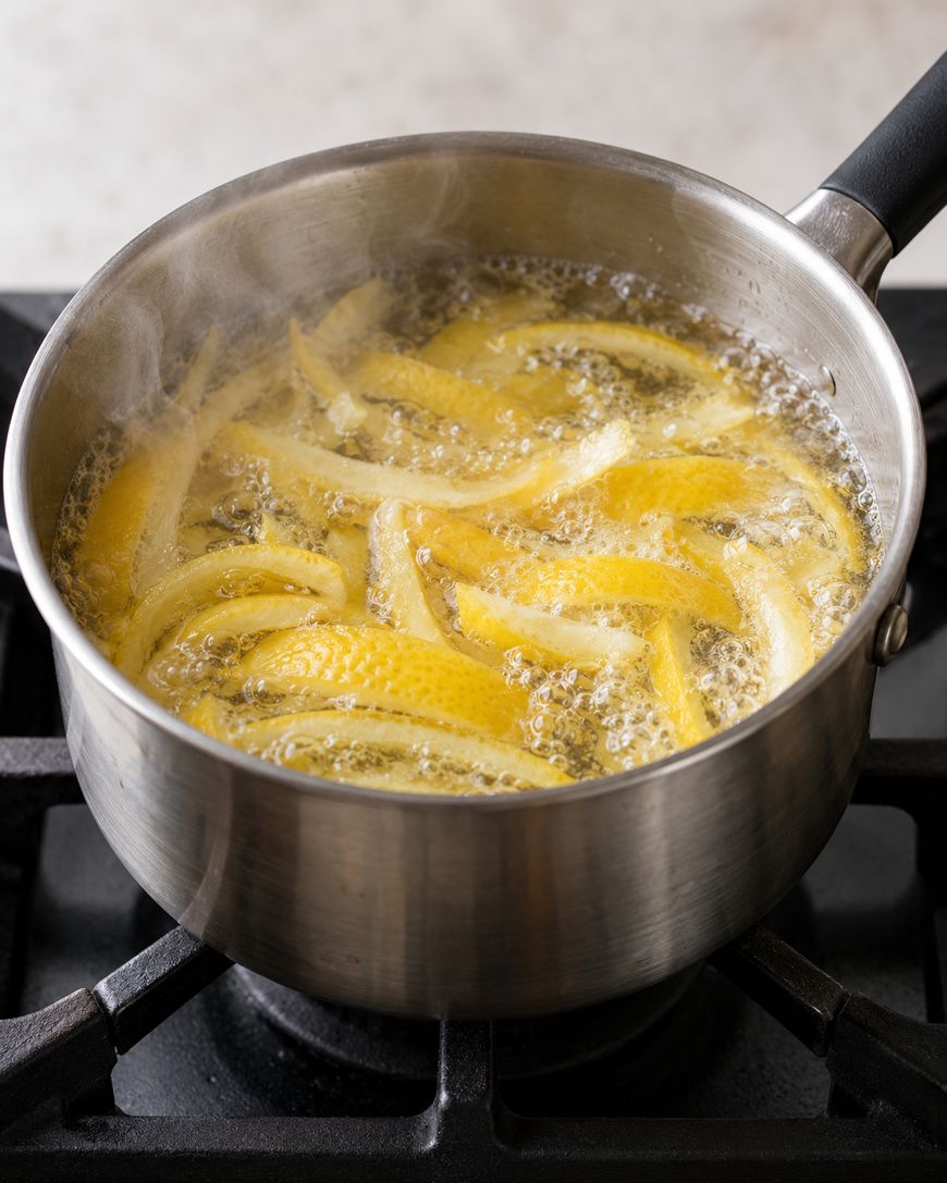 Strips of lemon peel boiling in a pot of water on a stovetop.