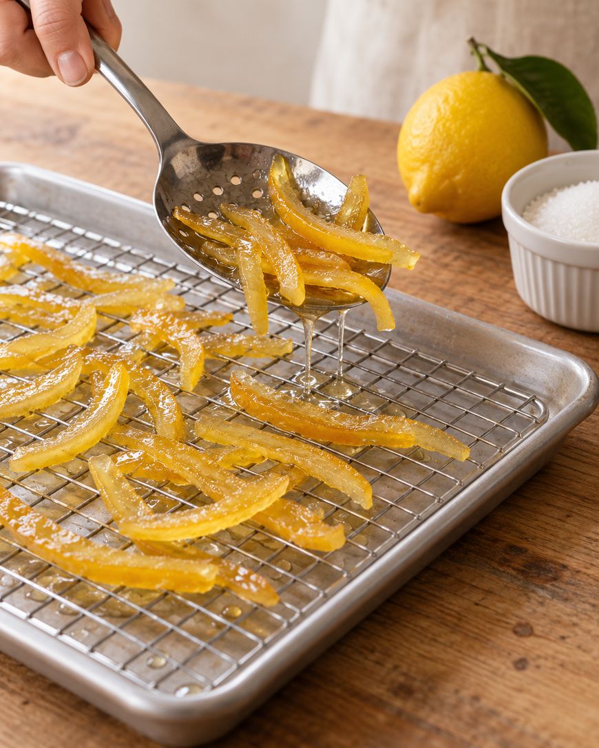 A hand uses a slotted spoon to place candied lemon peels onto a wire cooling rack.