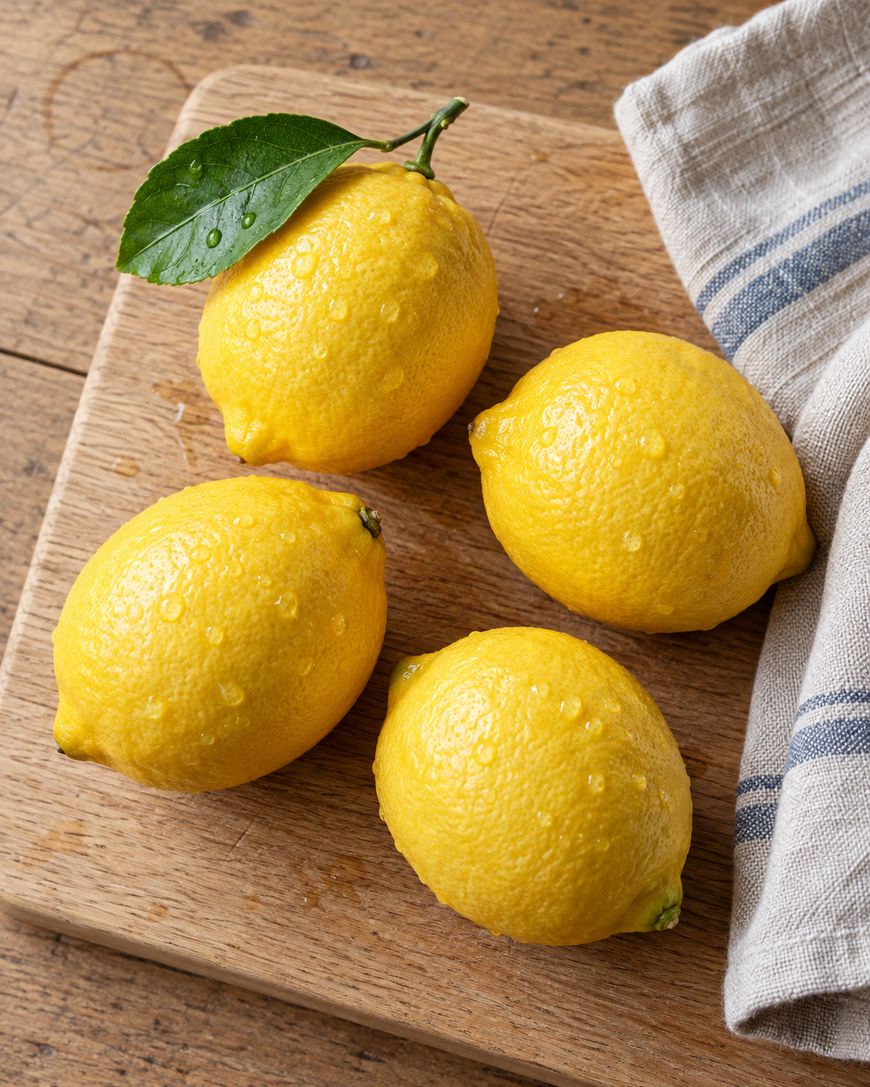 Four fresh, wet lemons on a wooden cutting board next to a striped kitchen towel.