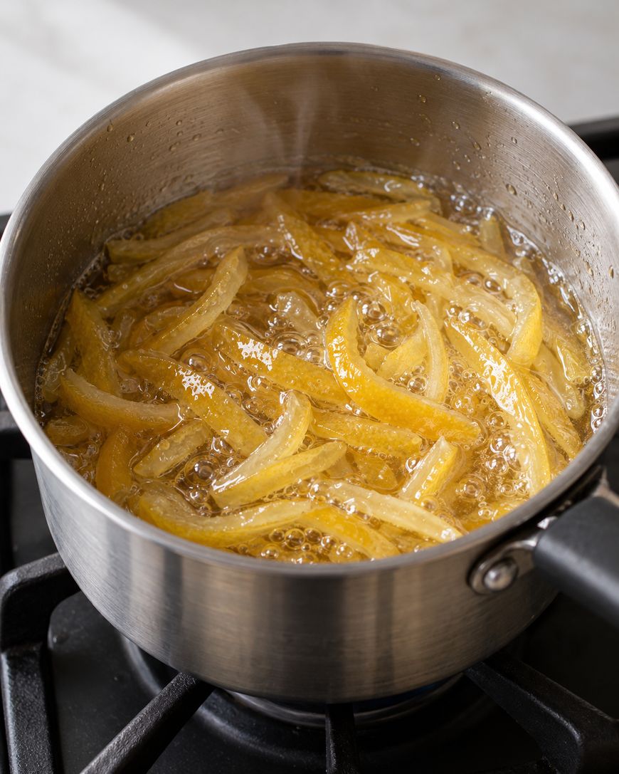 Strips of citrus peel simmering in a pot of liquid on a stovetop.