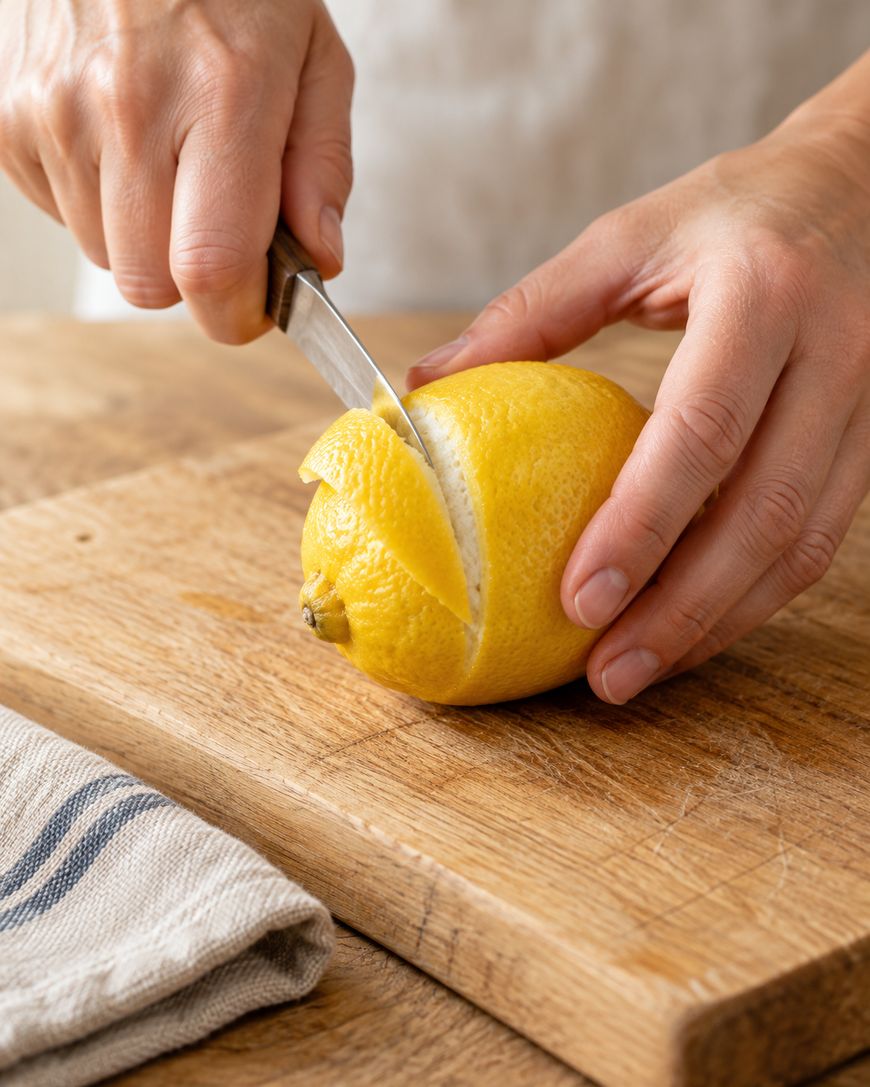 A persons hands using a knife to slice a piece of peel from a fresh lemon on a wooden cutting board.