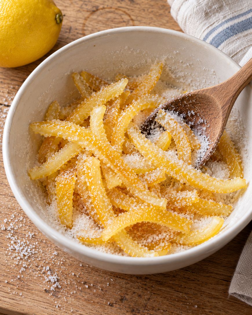 A white bowl filled with sugared lemon peel strips and a wooden spoon, with a whole lemon nearby on a wooden surface.
