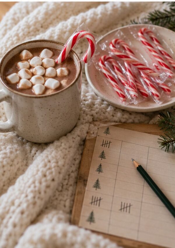 A mug of hot chocolate with marshmallows and a candy cane next to a small plate of wrapped candy canes and a notepad with hand-drawn Christmas tree tallies.