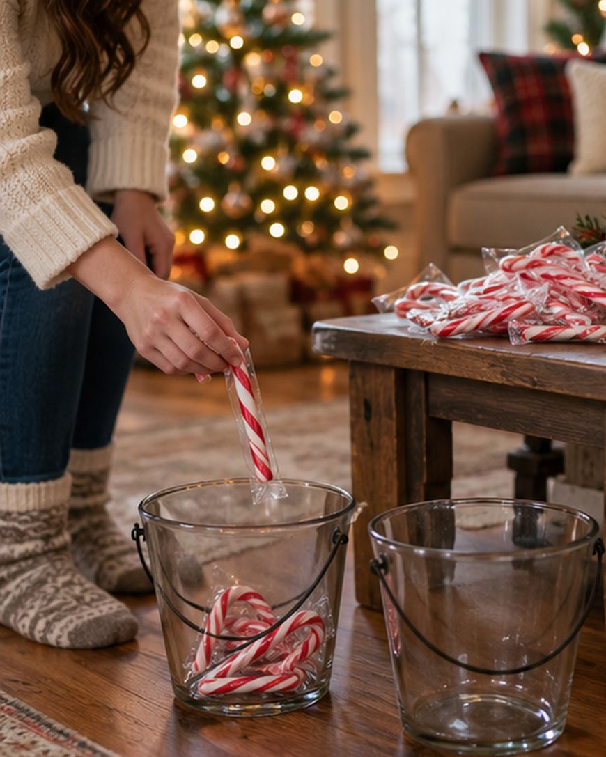A person putting a wrapped candy cane into a glass bucket filled with other candy canes, with a Christmas tree in the background.
