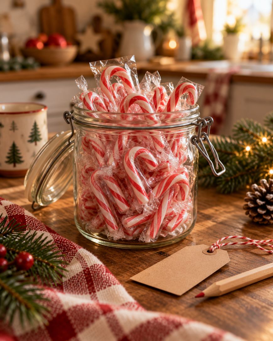 A glass jar filled with individually wrapped red and white candy canes, sitting on a wooden table with a blank gift tag and pencil.