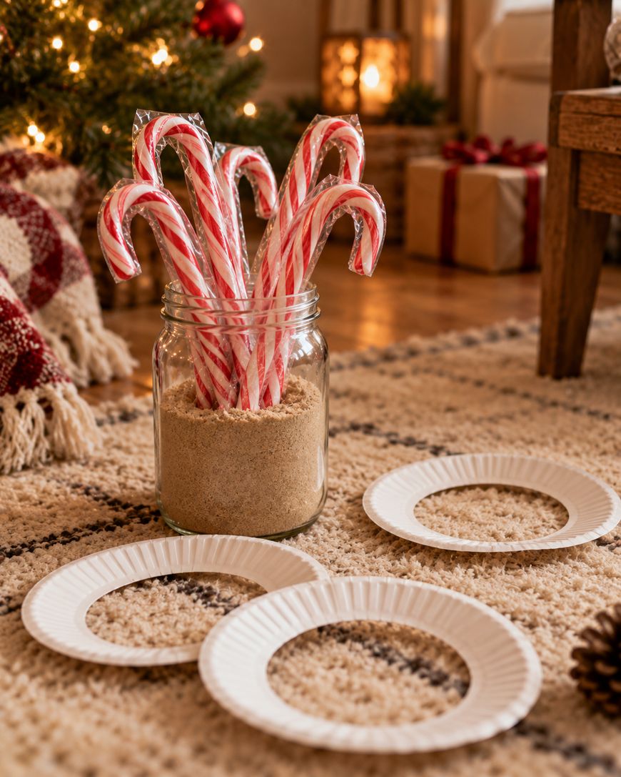 A glass jar filled with brown sugar and candy canes, with three white paper plates resting on the floor in front of it.