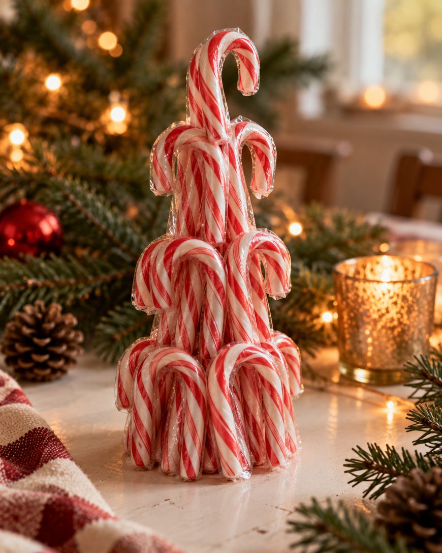 A Christmas tree structure made of stacked, clear-wrapped candy canes sitting on a table with evergreen branches and a lit candle.