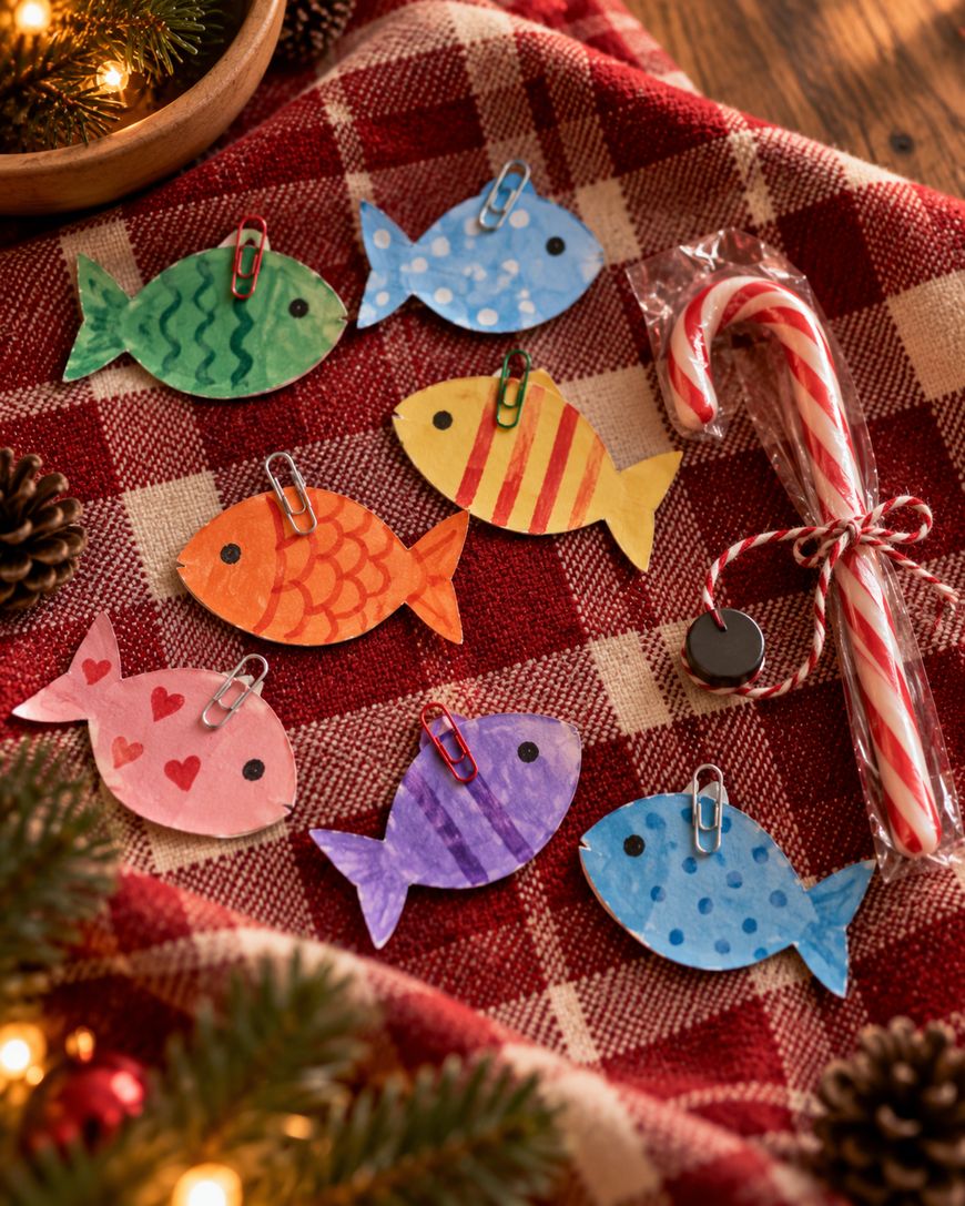 Six paper cutout fish in various colors and patterns, each attached to a paperclip, arranged on a red plaid cloth next to a wrapped candy cane.