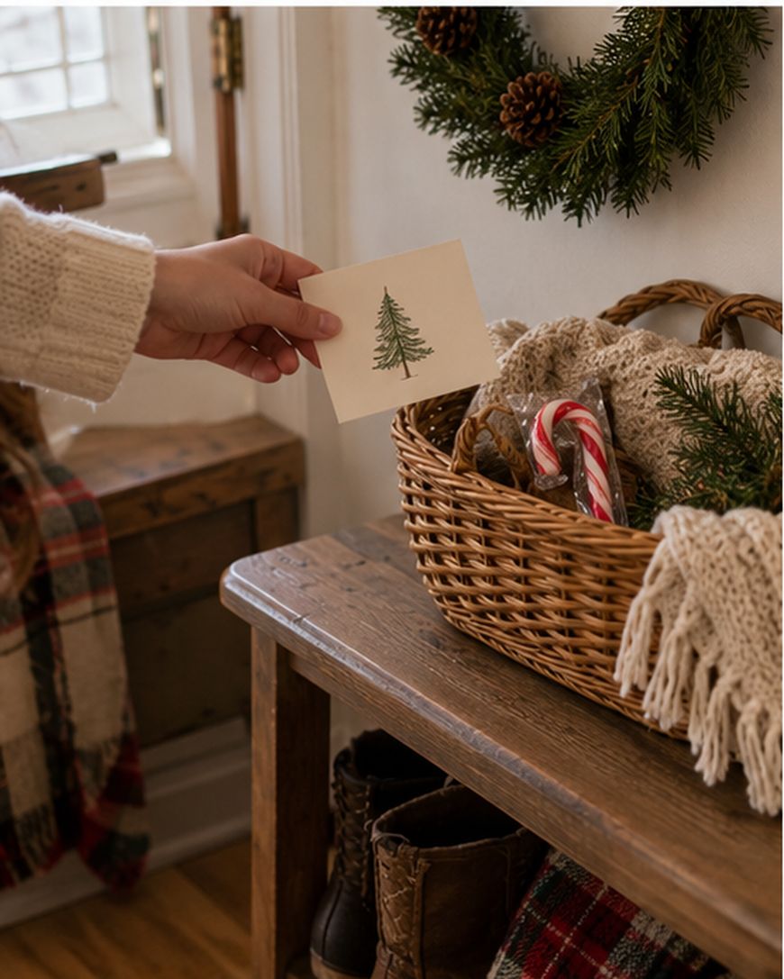 A hand holds a card with a small pine tree illustration above a wicker basket containing a candy cane and a knit throw.