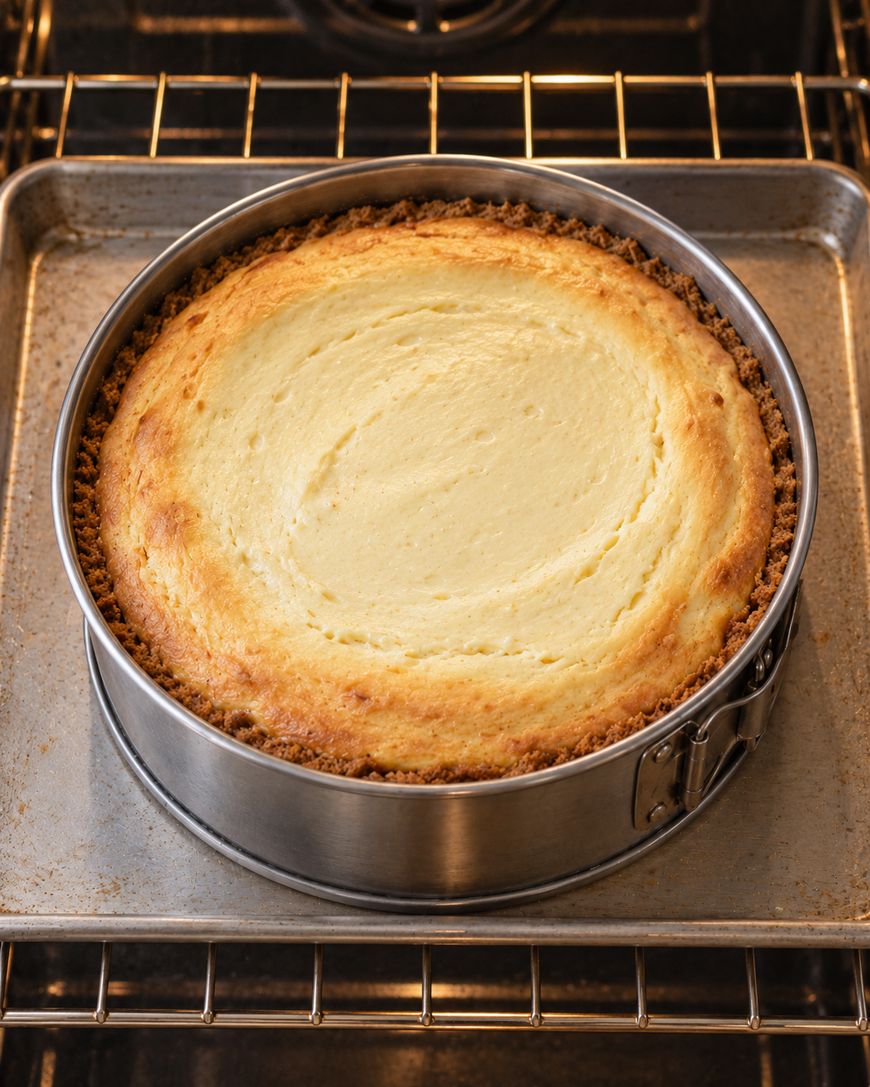 A baked cheesecake in a springform pan resting on a baking sheet inside an oven.