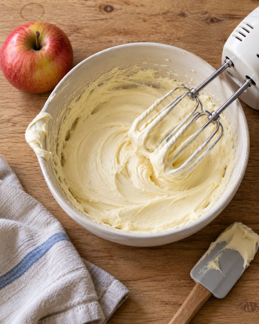 Handheld electric mixer in a bowl of creamy batter, with a red apple and a spatula on a wooden surface.