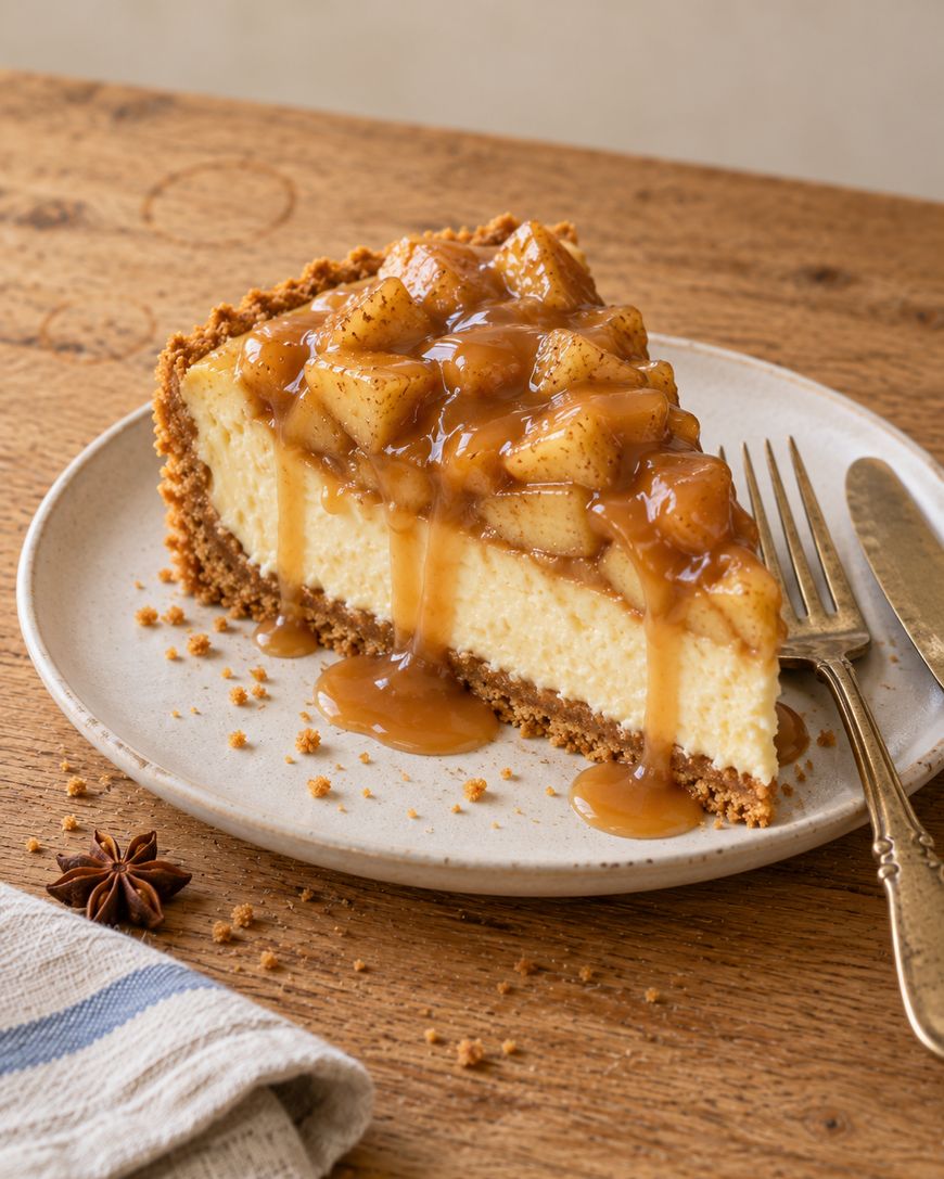 A slice of cheesecake topped with glazed cinnamon apples and caramel sauce on a plate with a fork and knife.