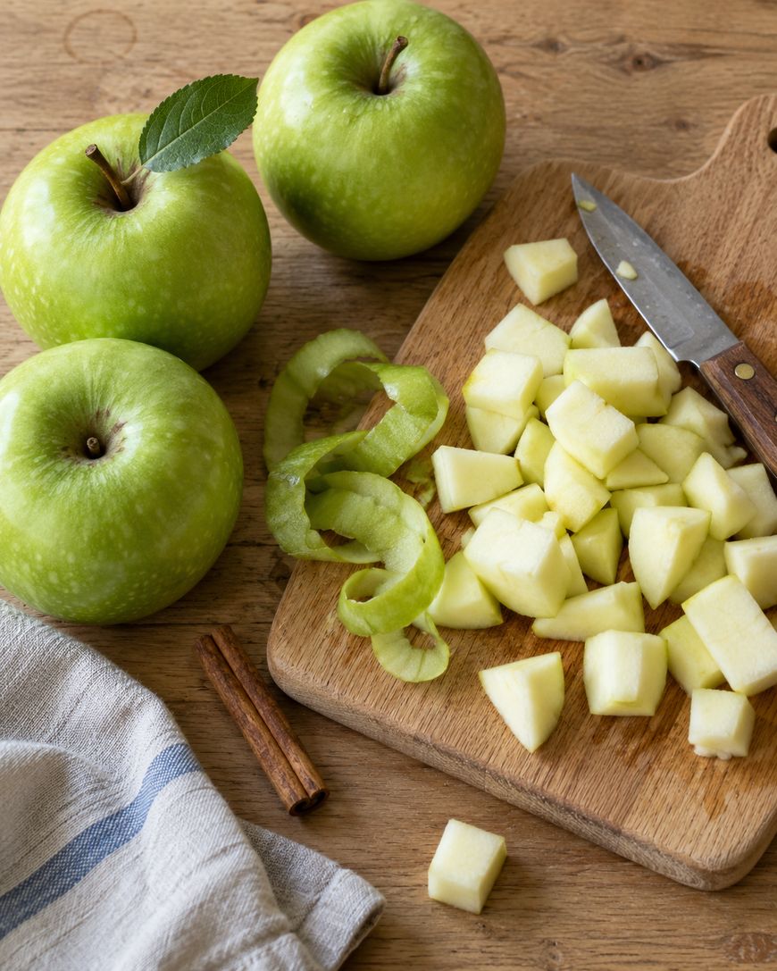Two whole green apples and a pile of chopped apple pieces on a wooden cutting board with a knife and a cinnamon stick.