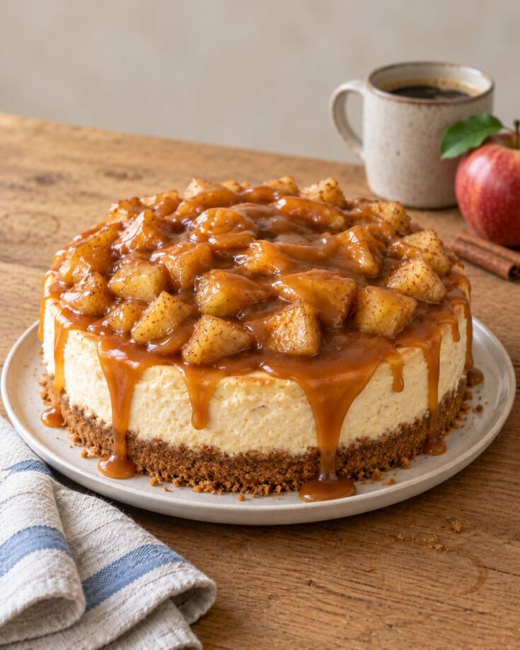 Cheesecake topped with cooked apples and caramel sauce on a plate.