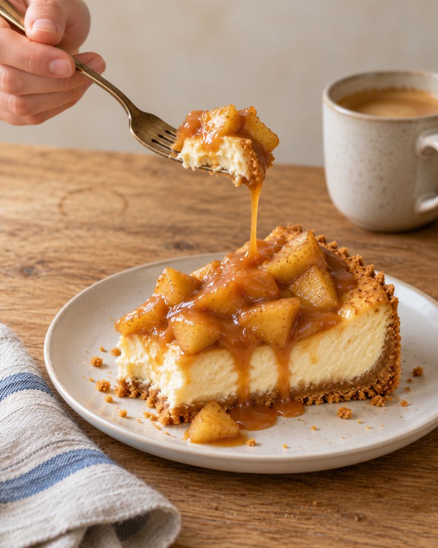 A slice of cheesecake topped with caramelized apples and a caramel drizzle, with a fork lifting a bite from the slice.