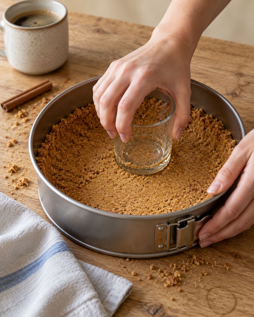 Hands pressing a glass into a crushed cookie crust inside a springform pan on a wooden table.