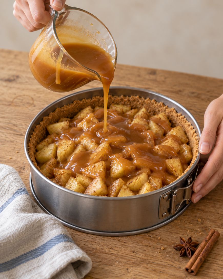 Caramel sauce being poured from a glass pitcher over an apple tart in a springform pan.