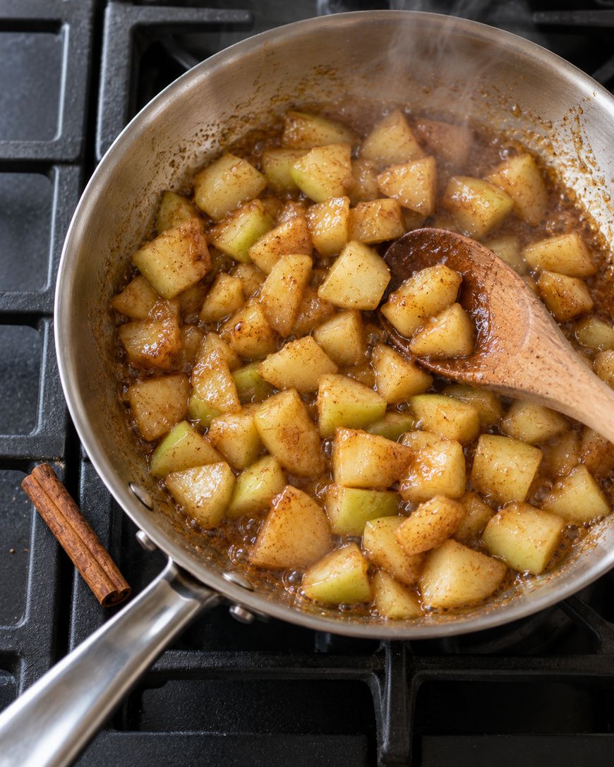 Diced apples sautéing in a pan with a wooden spoon and a cinnamon stick.