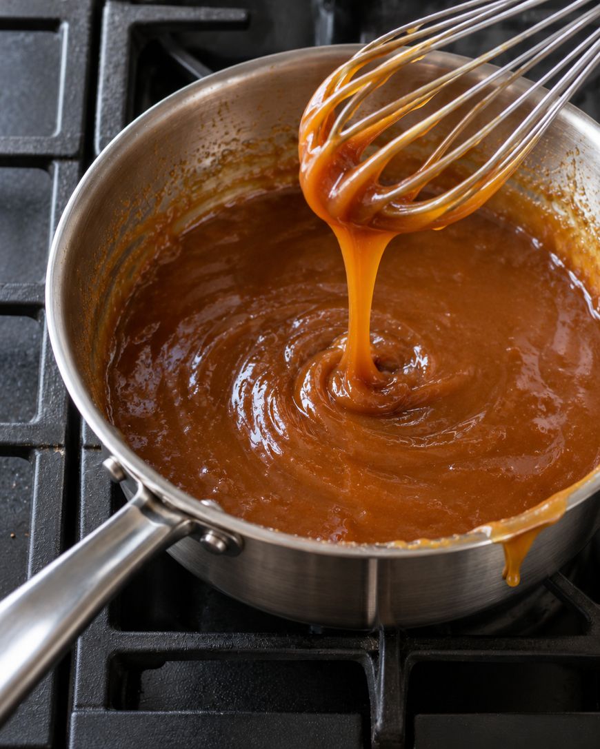 A whisk lifting thick, golden-brown caramel from a stainless steel saucepan on a stovetop.