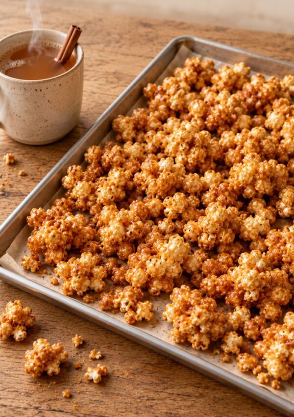 A baking sheet filled with caramel popcorn next to a steaming mug of cider with a cinnamon stick.