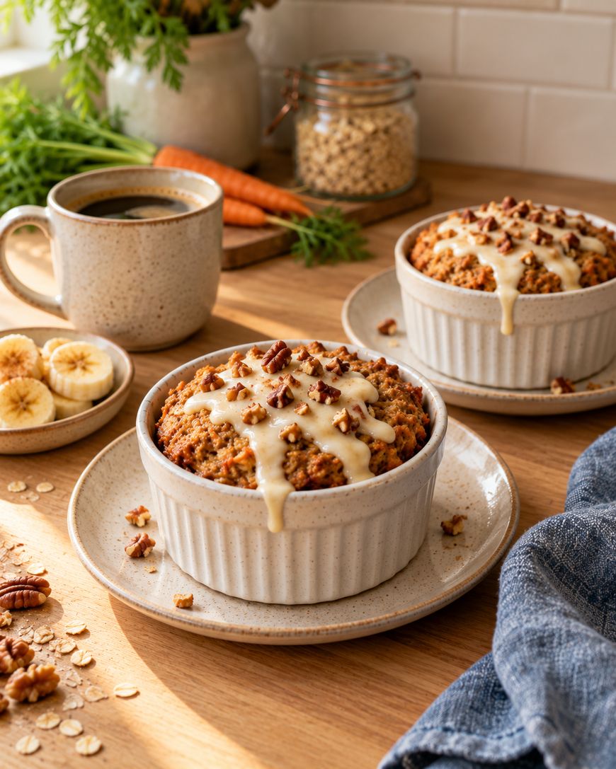 Two baked carrot cake oatmeal cups topped with icing and pecans, served with a mug of coffee and sliced bananas.
