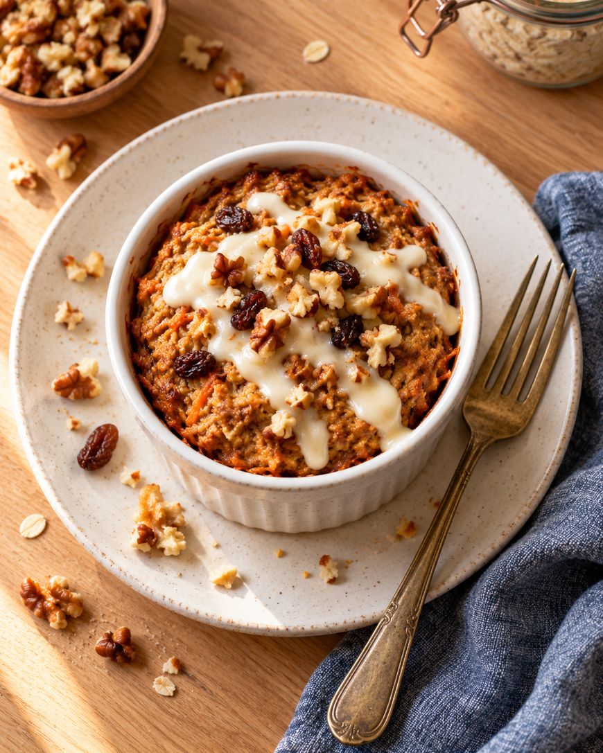 A ramekin of carrot cake baked oatmeal topped with icing, walnuts, and raisins on a plate with a fork.