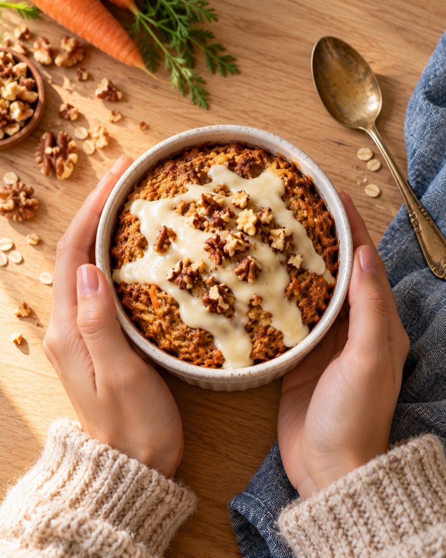 Hands holding a bowl of carrot cake baked oatmeal topped with icing and chopped walnuts.