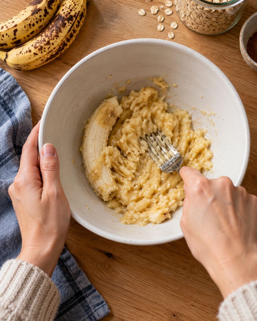 A pair of hands using a fork to mash a banana in a white bowl.