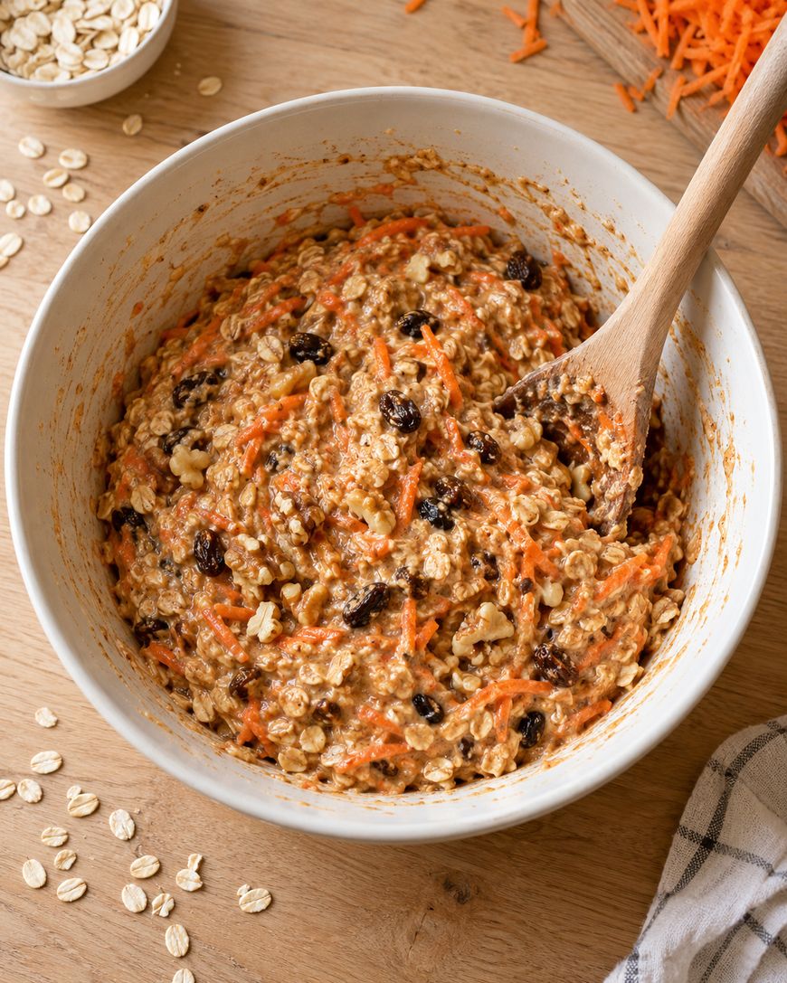 A white bowl filled with raw carrot cake oatmeal batter containing shredded carrots, raisins, and walnuts, with a wooden spoon inside.