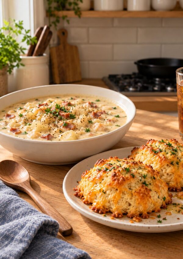 A bowl of creamy potato bacon soup next to two golden cheddar biscuits on a wooden table.
