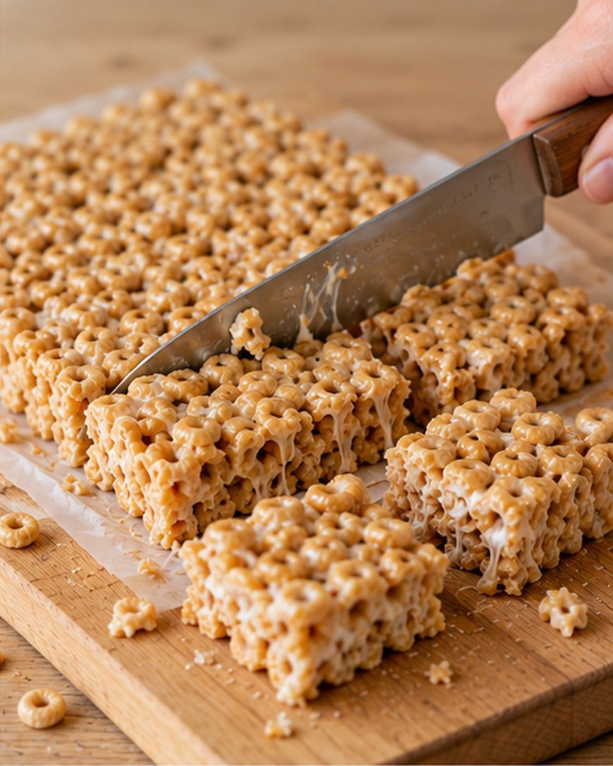 A hand uses a knife to cut a tray of cereal marshmallow bars into squares on a wooden board.