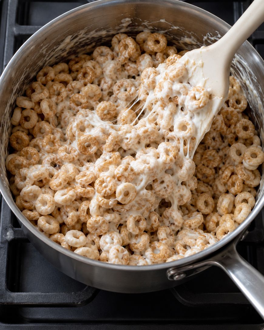 A spatula stirs toasted oat cereal mixed with melted marshmallows in a metal pot.