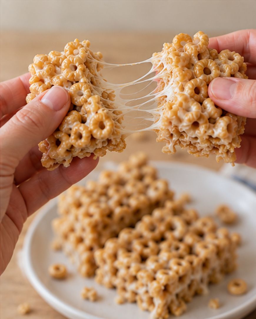 Hands pulling apart a square, cereal-based treat with melted marshmallow stretching between the two pieces.