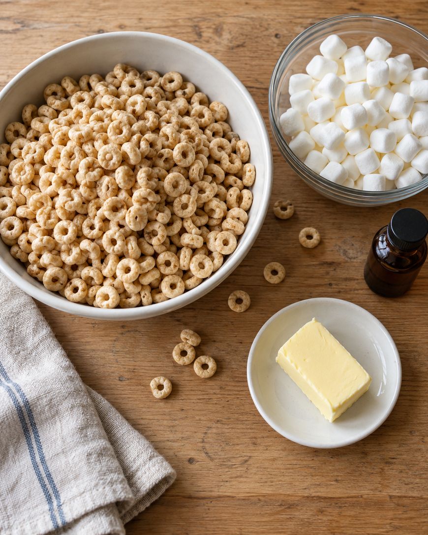A large bowl of cereal rings, a glass bowl of mini marshmallows, a stick of butter on a small plate, and a small bottle on a wooden table.