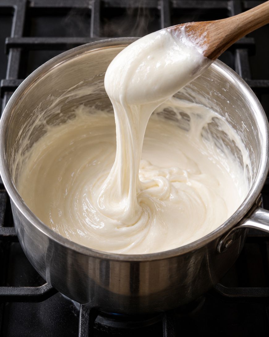 A wooden spoon lifts a dollop of thick, stretchy white sauce from a stainless steel saucepan on a stovetop.