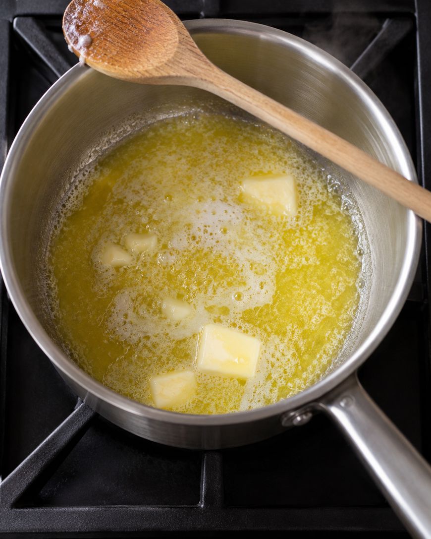 Butter melting in a stainless steel saucepan on a stovetop, with a wooden spoon resting across the rim.