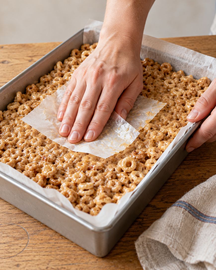 A person uses a piece of parchment paper to press a mixture of cereal and syrup into a metal baking pan.