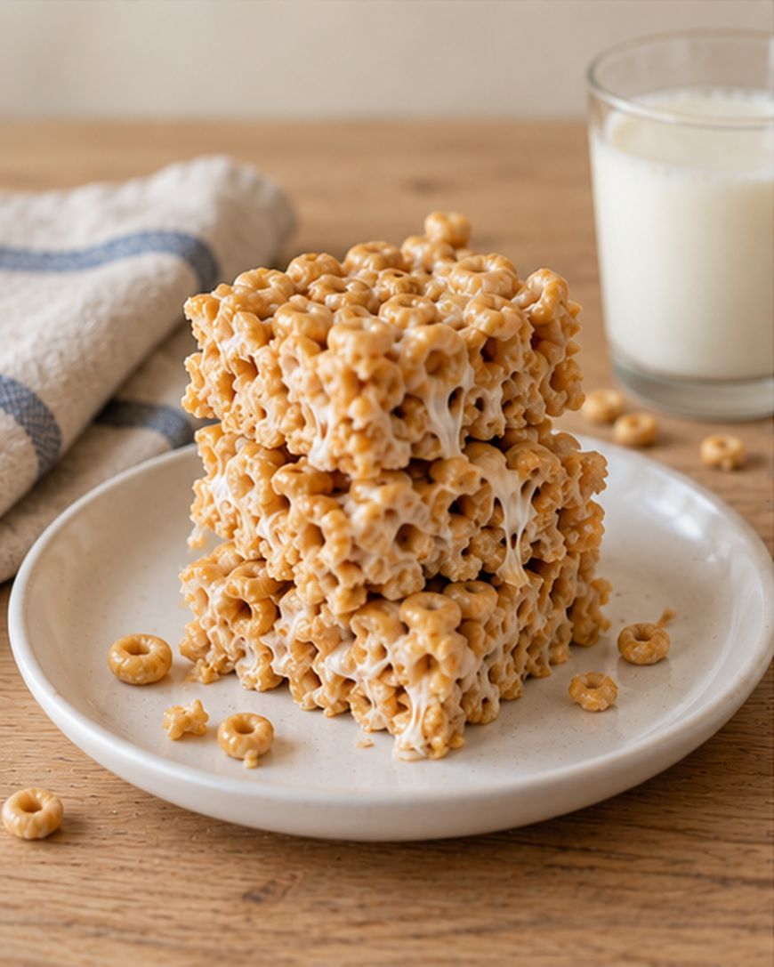 A stack of three cereal marshmallow bars on a white plate next to a glass of milk.