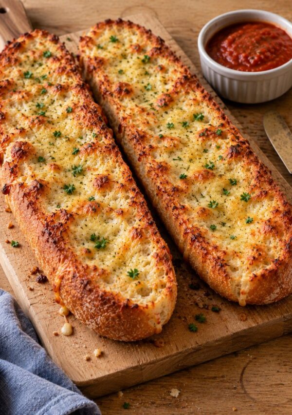 Two halves of cheesy garlic bread topped with herbs on a wooden board next to a small bowl of marinara sauce.